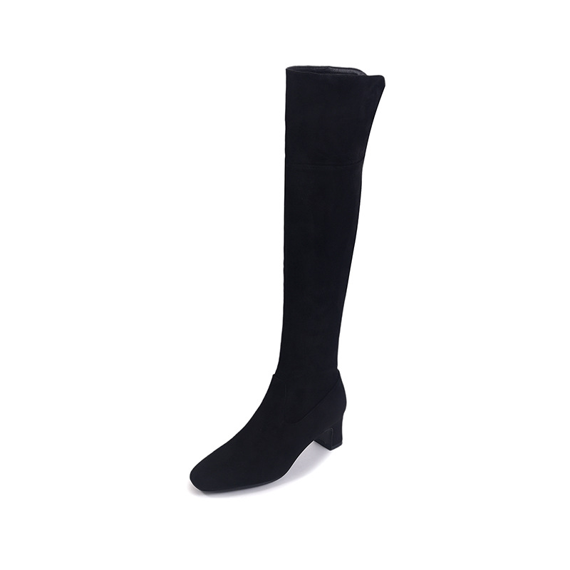 Boot nữ cổ cao quá gối mũi vuông gót thô 5 cm phong cách Hàn Quốc, có thể gập ống — Lớp lót nhung ống nhỏ màu đen 5cm