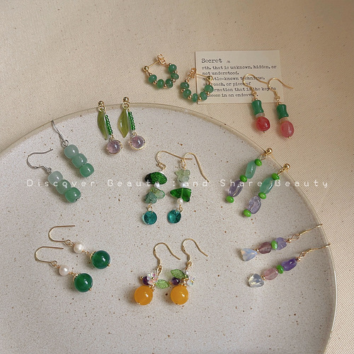 New Chinese style colorful gravel long earrings French retro handmade earrings niche elegant temperament tassel earrings