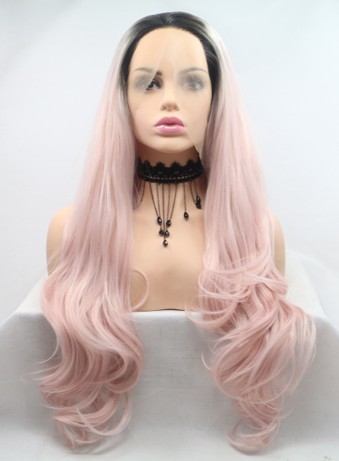 Nuevos productos europeos y americanos, negro, rosa, ondas grandes, cabello largo y rizado, peluca semi-tejida, encaje frontal de fibra química LW0324