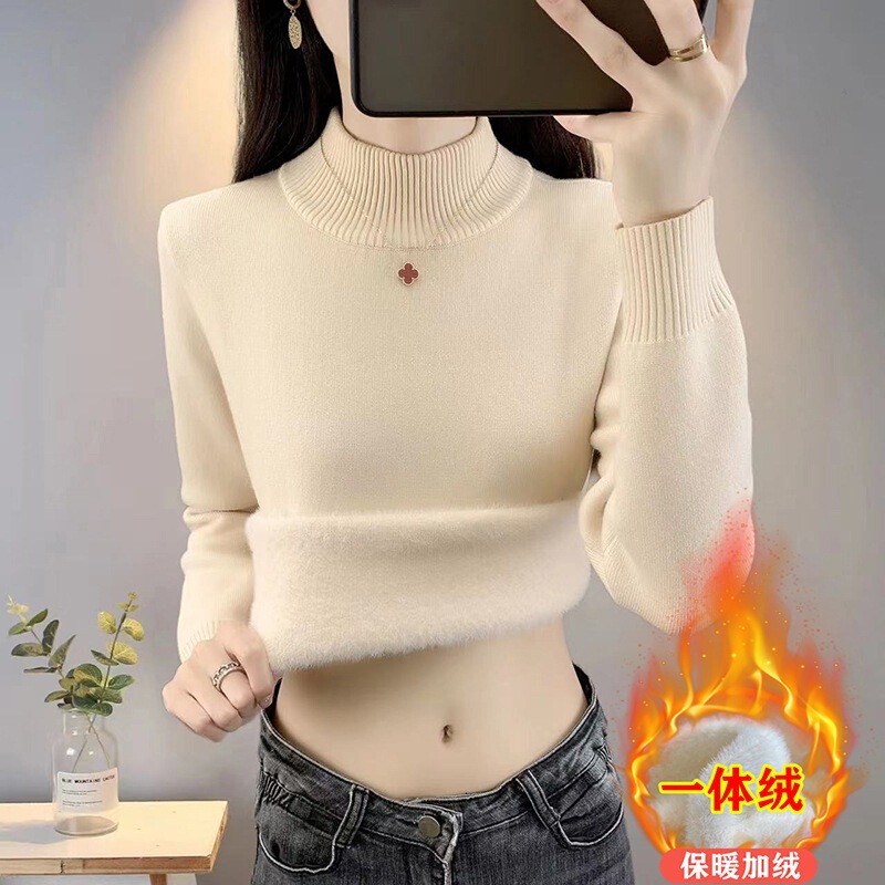 2026 autumn and winter new collection: women’s slim-fit, half-turtleneck, fleece-lined, thickened, one-piece knitted sweater