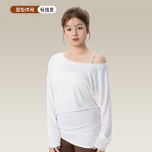 胖mm运动罩衫女宽松透气休闲瑜伽服长袖斜肩性感显瘦外穿健身上衣