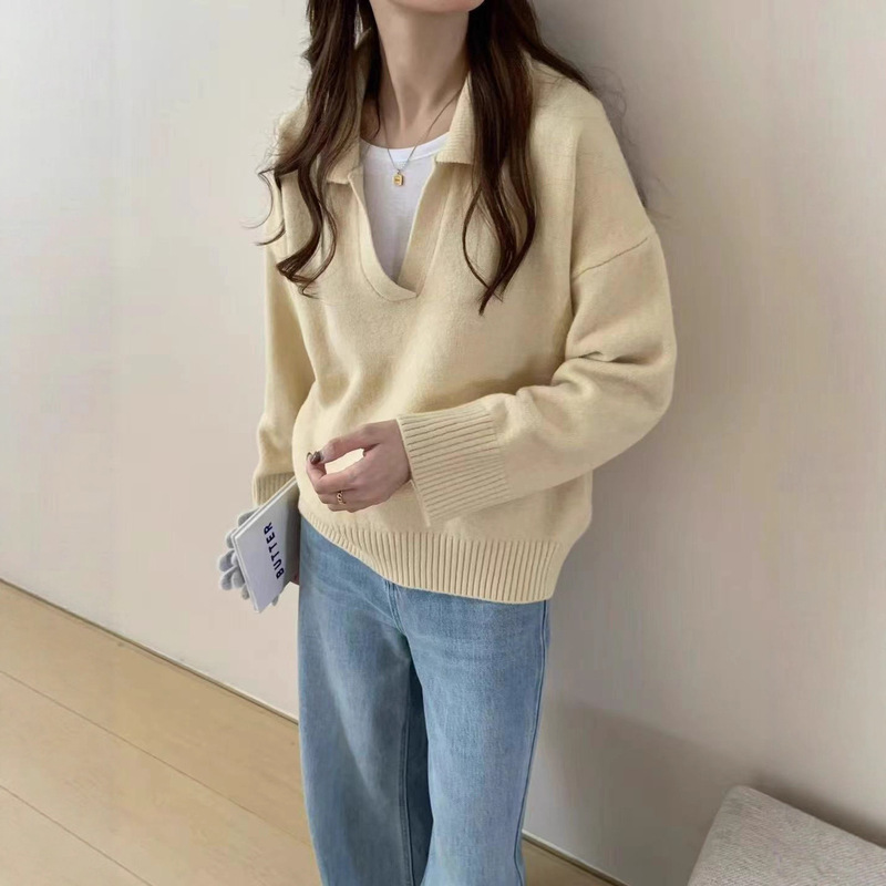 翻领剪刀领长袖针织衫女外贸秋冬季新款宽松大码加厚套头衫上衣|undefined