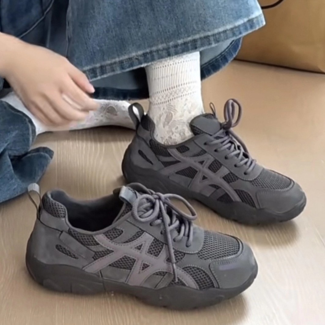 Retro Gray Thick-Soled Forrest Gump Shoes 2025 New Casual Sports Shoes Women's Shoes Versatile Soft Leather Heightening Moral Training Shoes