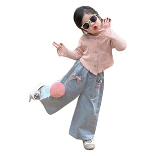 Girls' knitwear 2024 spring new baby girls' pink sweater coat children's cardigan top Denim suit