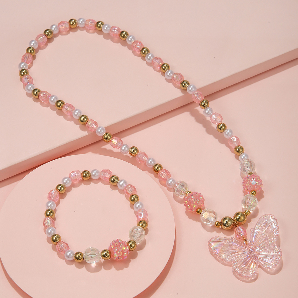 Sweet Butterfly Arylic Beaded Kidu0027S Bracelets Necklace 2 Piece Set