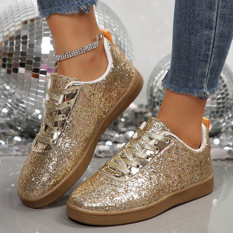 European and American Export Large Size New Spring Casual Shoes for Women, Glitter Sequin Flats Sports Casual Shoes