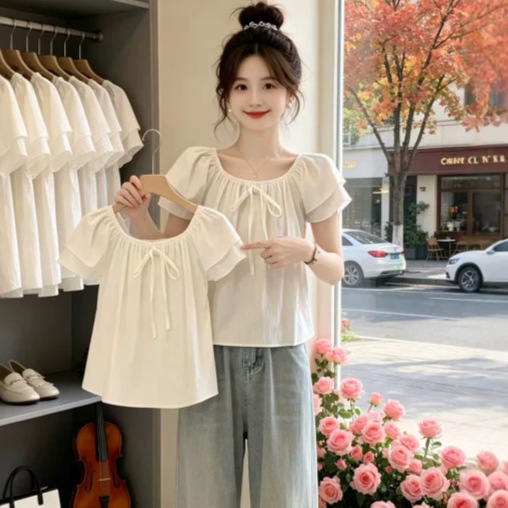 White New Summer Sweet and Cool Niche Shirt for Women, New One-Line Collar Versatile Shirt, Korean Style Super Fairy Doll Shirt for Women
