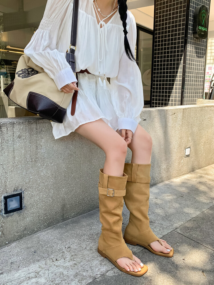 Boot nữ cổ cao ôm bắp chân da thật phong cách miền Tây — mơ, nâu chi tiết 57