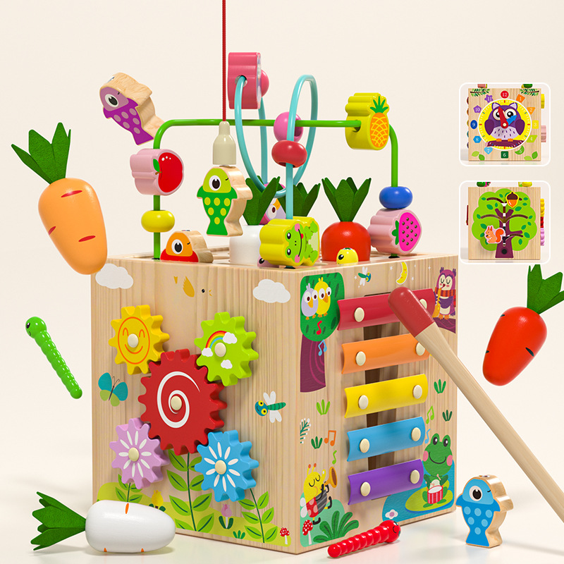 Juguetes multifuncionales para niños con cuentas Grandes Ocho funciones Caja del tesoro con cuentas Rompecabezas con cuentas Regalo multifuncional de madera