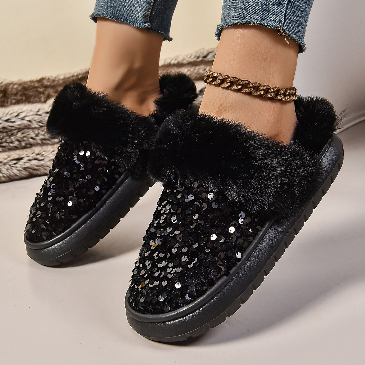 2026 Autumn/Winter Women's Thick-Soled Plush Snow Boots with Sequin Upper, Cross-Border Bestseller, Large Size 43 Cotton Slippers