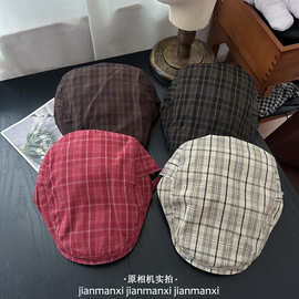 夏季格纹复古英伦男女前进帽百搭休闲显脸小鸭舌贝雷帽新款画家帽