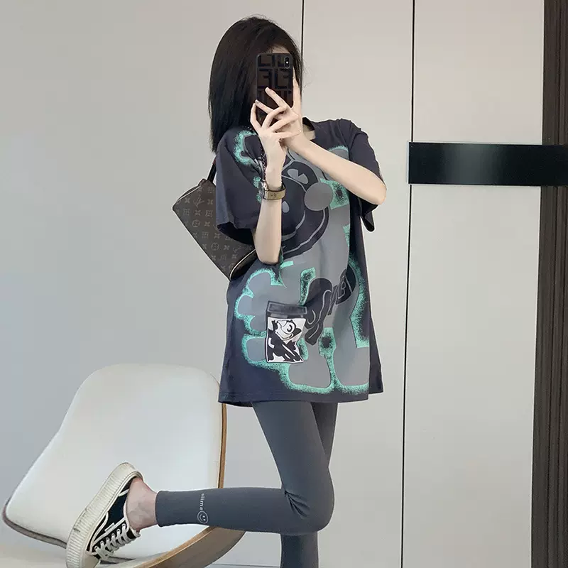 灰色短袖女t恤夏季时尚宽松欧货大版中长款设计感小众潮牌上衣