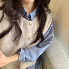 杏色针织马甲开衫外套女秋复古小金扣宽松无袖背心坎肩叠穿外搭