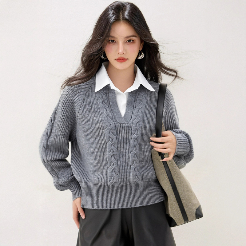 R9348灰色简约假两件翻领毛衣女秋冬新款加厚保暖上衣亚马逊女装|undefined