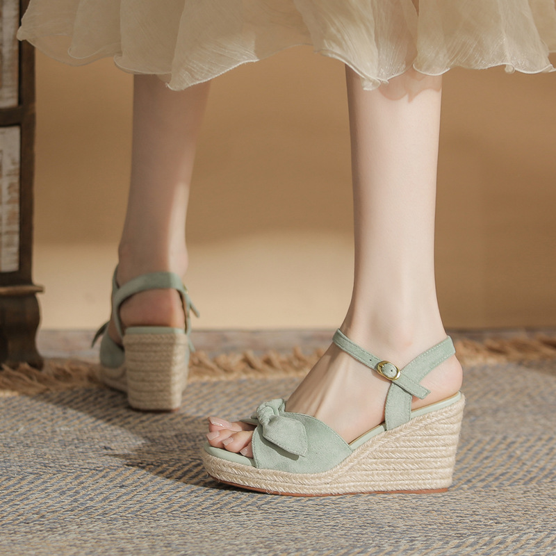 Sandal cao gót nữ hở mũi đế xuồng đan thừng gót 9 cm — Xanh lá cây nhạtcolor