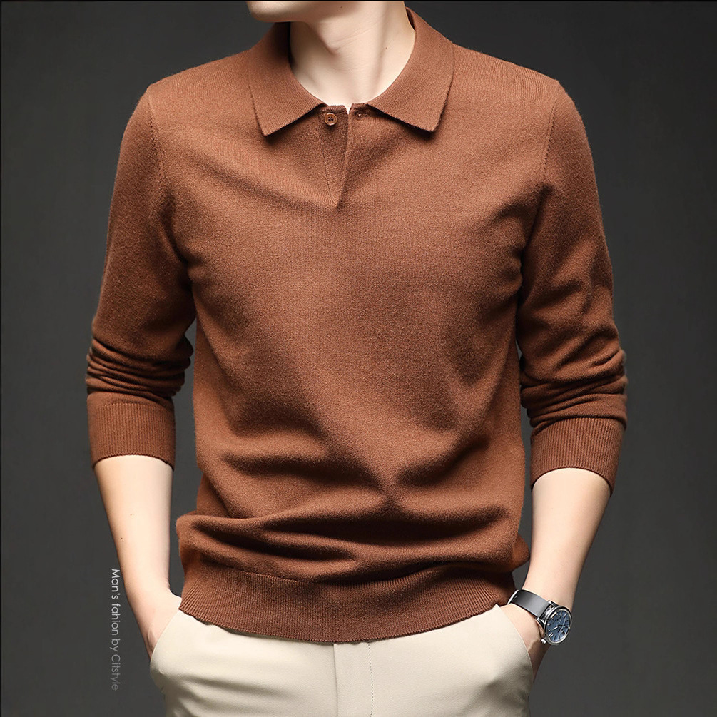 Polo de color sólido para hombres otoño y invierno moda jacquard camiseta de regazo de manga larga regazo nuevo suéter de hombre casual