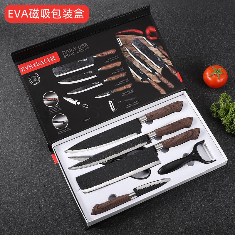 Comercio exterior de acero inoxidable martillo 6 piezas cuchillo de cocina doméstico cuchillo de cocina de corte de verduras martillo negro conjunto de herramientas de corte