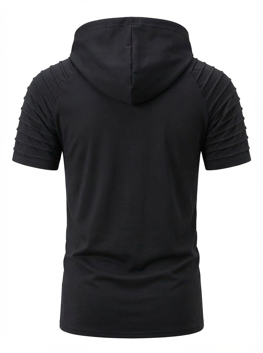 Men's Hooded Polo Shirt With Drawstring And Pleated Sleeves_voghion.com