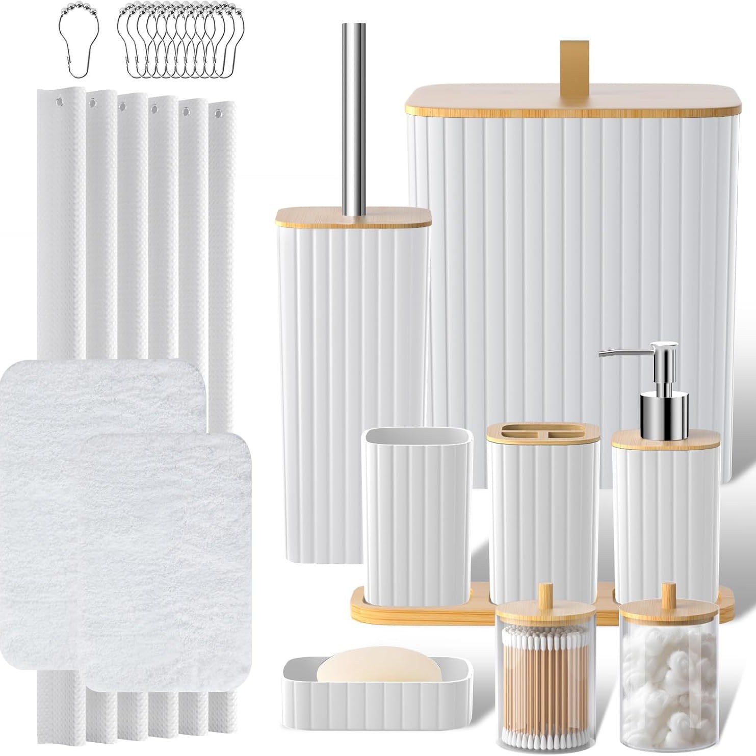 Yufei YUFE baño juego de 24 piezas con cortina de ducha tapete de piso juego de baño bote de basura de rayas cuadradas kit de venta caliente transfronterizo