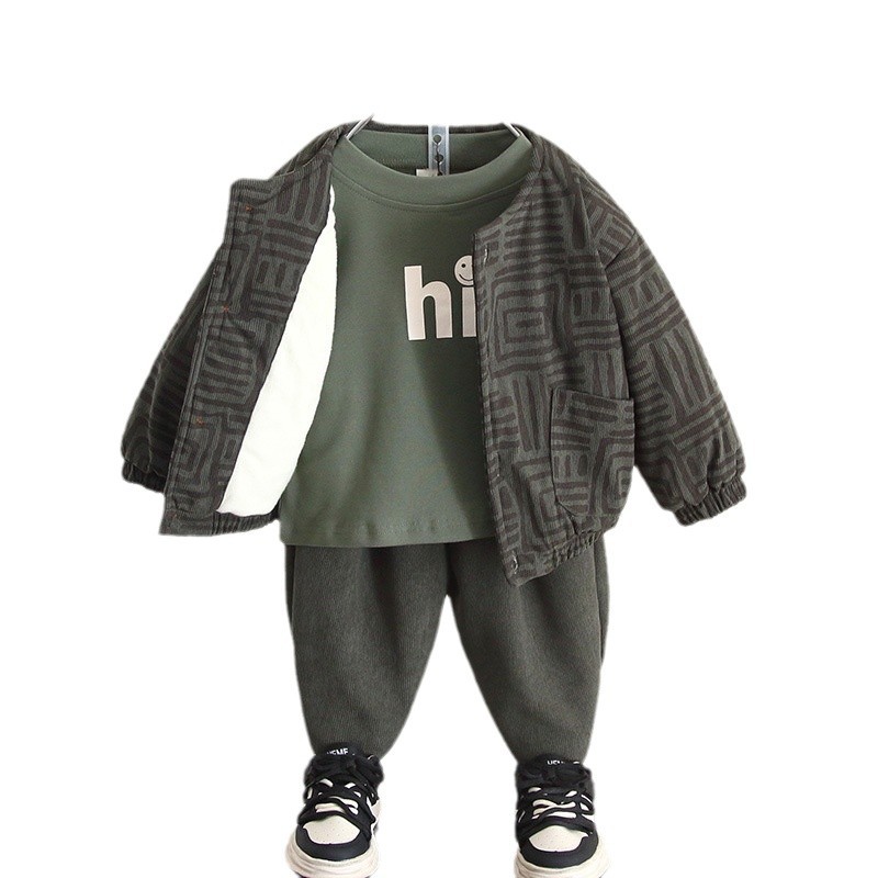 6830 niños otoño e invierno traje de tres piezas para niños más chaqueta gruesa de terciopelo 2025 nuevos pantalones de pana para bebés de moda