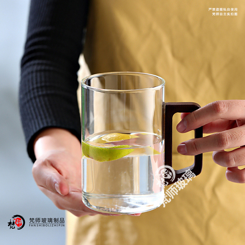 500ml大容量水具套装家用待客喝水杯子透明带木把手高硼硅耐热玻|undefined