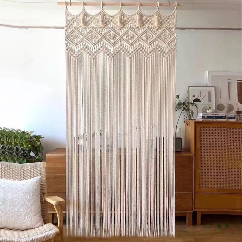 Modern Minimalist Ins Handmade Tassel Door Curtain Tapestry, No-Punch Curtain for Entrance, Living Room Partition Decorative Line Curtain