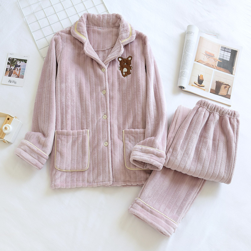 LH女ピンク-フランネル縦縞刺繍ベアーセット