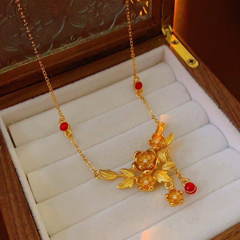 Collar colgante de flores de zircon chapado en oro real 46 ¿ 24K