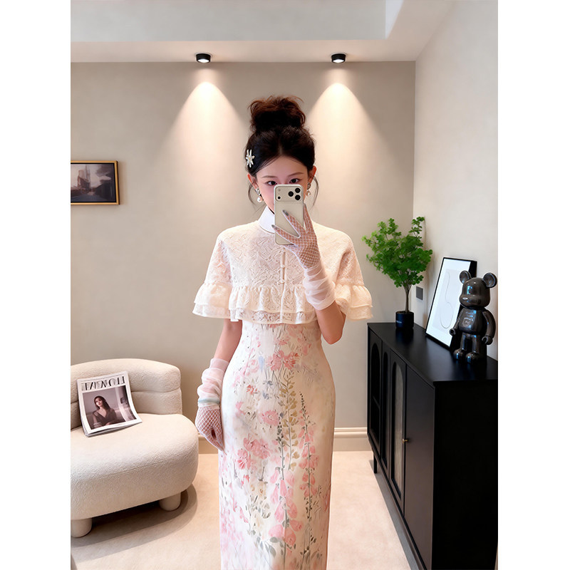 [Miss Chen Ying] 2026 Spring New Style Elegant Design Printed Qipao Dress + High-Quality Cotton Lace Shawl