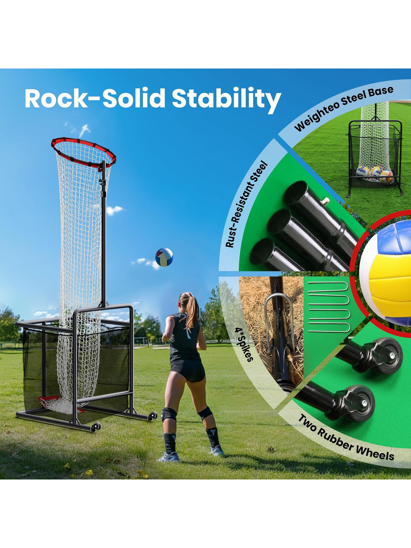 Red de práctica de voleibol móvil portátil Red de entrenamiento de voleibol ajustable Red de dos pases con bolsillo de red de bola