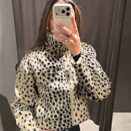 欧美跨境女装美式复古辣妹立领斑点豹纹人造皮草毛毛保暖外套上衣