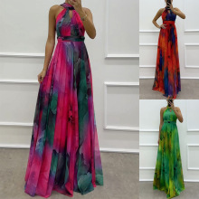 独立站亚马逊欧美女装无袖印花系带连衣裙时尚大摆挂脖圆领女8081