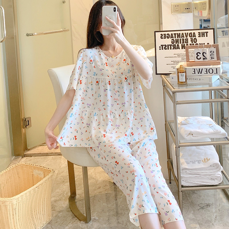 Pijamas de seda de algodón de manga corta de verano Estilo occidental de las mujeres aire acondicionado Delgado desgaste del hogar Chica japonesa dulce estudiante de algodón traje de seda