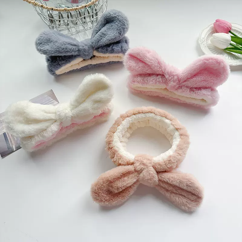 秋冬毛绒拼色蝴蝶结发带宽边防滑发箍网红洗脸化妆立体兔耳朵发饰