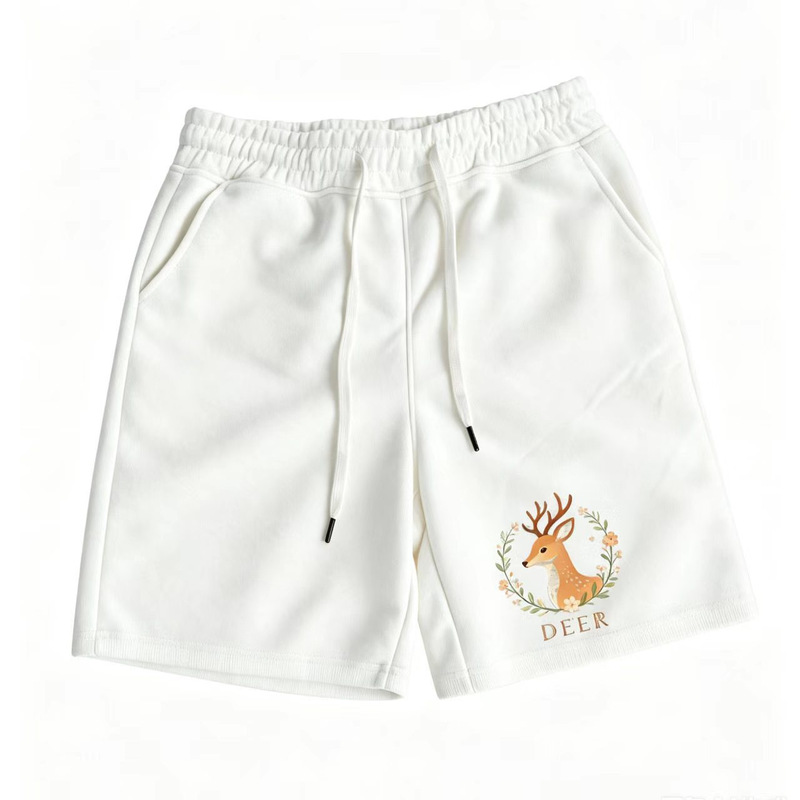 Trendy Brand Flame Fox Print White Sports Shorts, Summer Loose-Fitting Five-Point Sweatpants, Versatile and Simple Casual Wear Trendy Brand Flame Fox Print White Sports Shorts, Summer Loose-Fitting Five-Point Sweatpants, Versatile and Simple Casual Wear