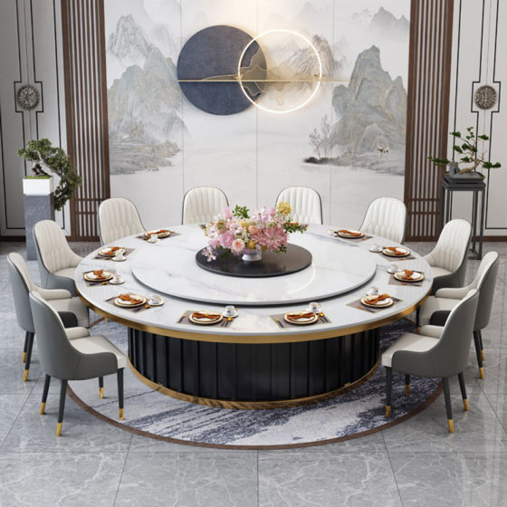 Modern Hotel Restaurant Electric Large Round Table New Chinese Club Box Light Luxury Restaurant Rock Plate Dining Table and Chair Combination