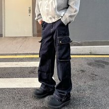 美式百搭街头侧边口袋牛仔裤男青少年春秋直筒宽松欧美高街vibe风
