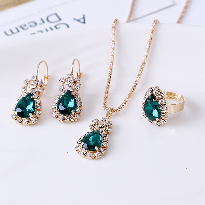 European And American Fashion Water Drop Rhinestone Necklace Earrings Ring Set display picture 4