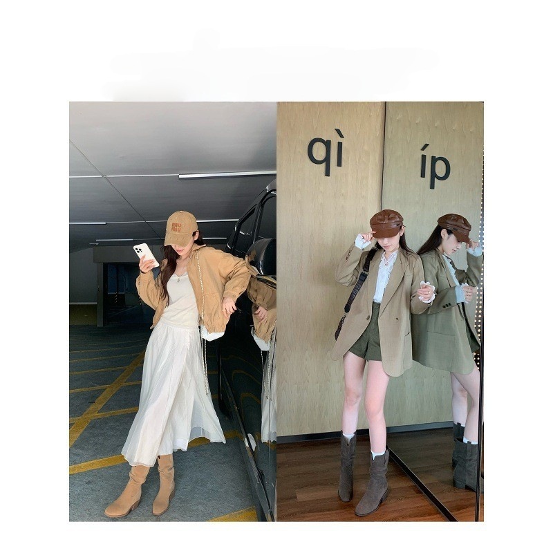 增高~圆头V口粗跟厚底显瘦大筒围堆堆短靴女|undefined