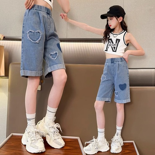 Girls' denim mid-pants new summer clothing versatile medium-sized children's casual five-six-point pants little girl shorts