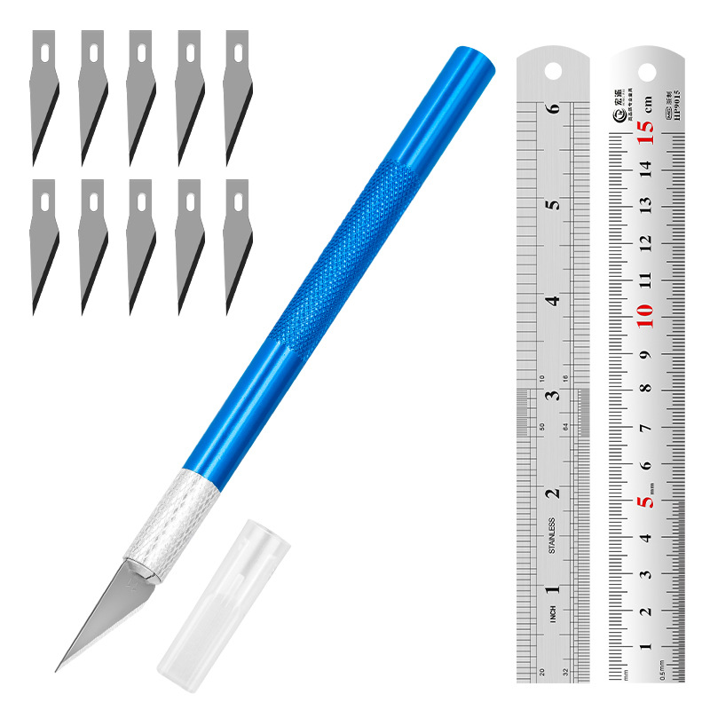Juego de herramientas de tallado transfronterizo: cuchillo y regla de acero, cuchillo para manualidades con kit de cuchillas, regla de acero inoxidable de 15 cm para uso en bricolaje.