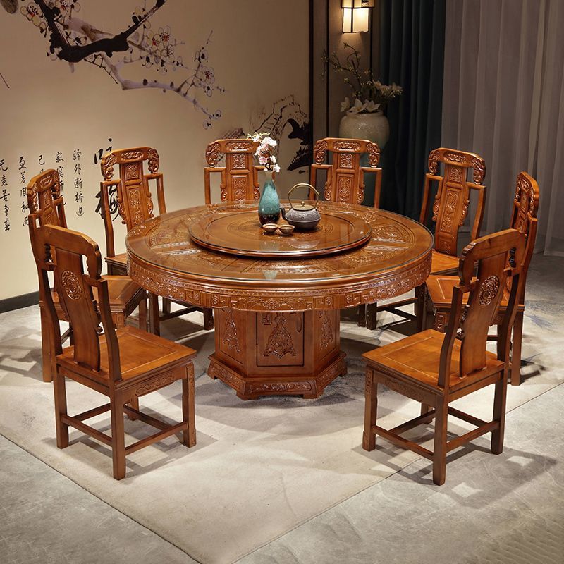 Solid Wood Chinese Round Dining Table and Chairs Antique Combination Household Turntable Rubber Wood Carved Dining Table Dining Table Round Table