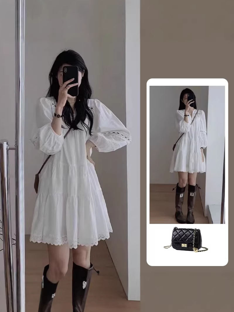 Đầm suông midi tay bồng cổ sơ mi trắng phong cách Pháp — trắng