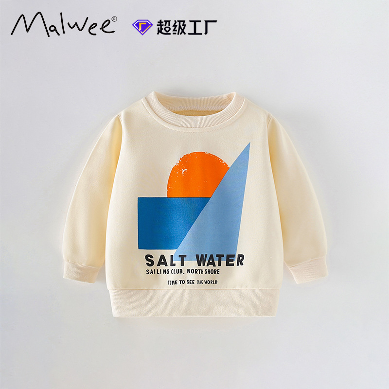 Malwee transfronterizo ropa de otoño infantil nueva camiseta Europa y América para niños guapo impresión de cuello redondo manga larga camiseta casual