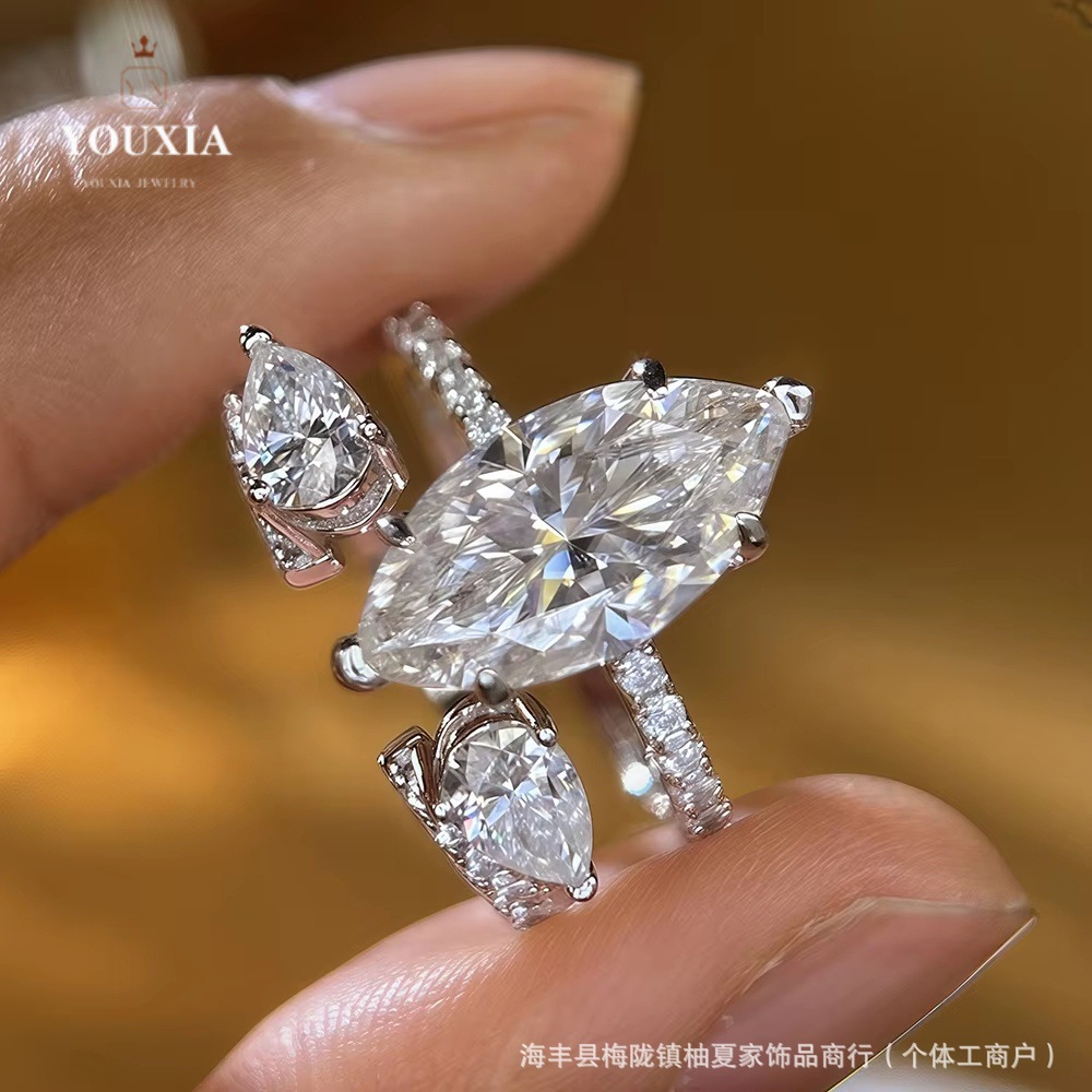 Cross-Border Hot-Selling 925 Sterling Silver 4-Carat Marquise Diamond Moissanite Ring for Women, Stackable Combination Jewelry, Wholesale Supply