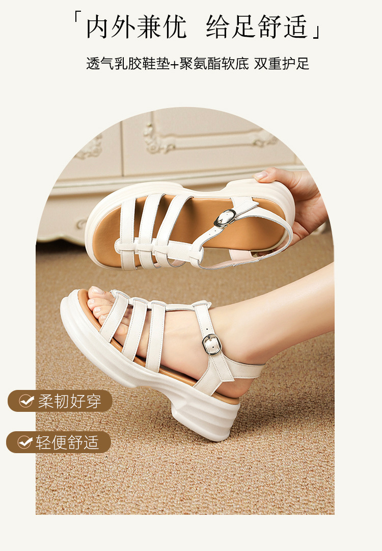 Sandal La Mã nữ da thật đế dày gót vuông quai ngang — Màu đen chi tiết 13
