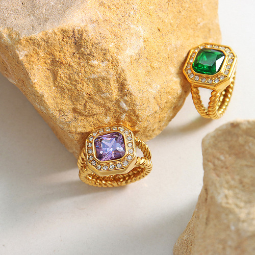 Elegant Fashion Hip-Hop Style Ring with Geometric Purple Zirconia and Green Crystal Stones, Gold-Plated, Non-Fading Women's Jewelry