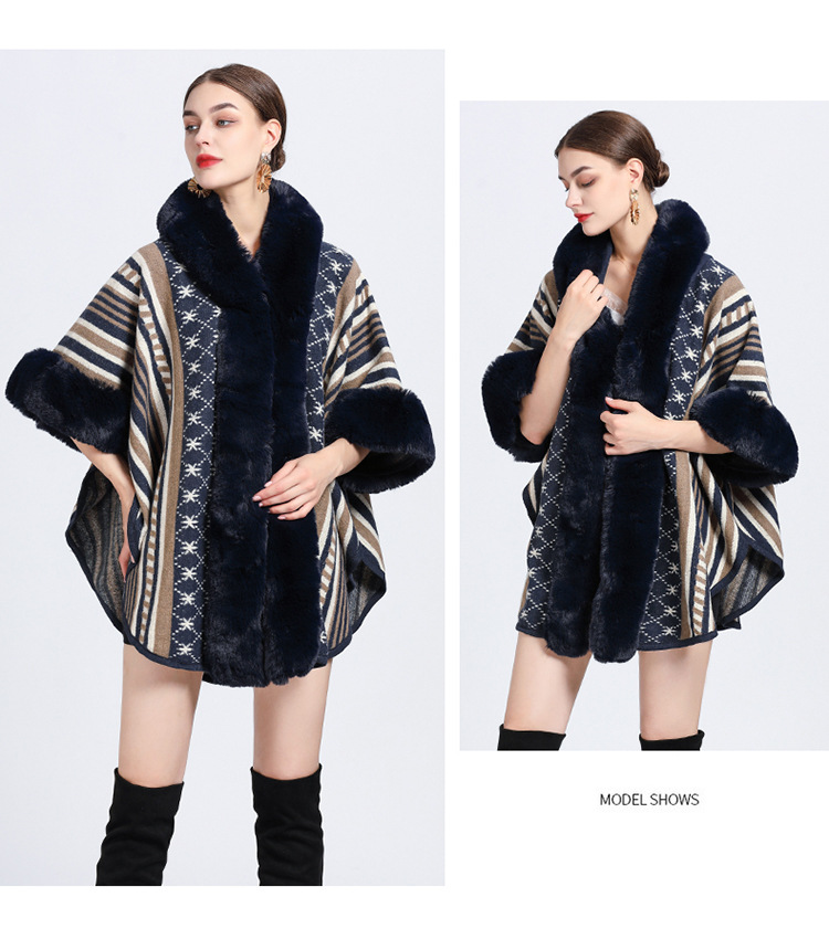 Mantella collo pelliccia grande taglia jacquard cardigan maglione cappotto donna_voghion.com