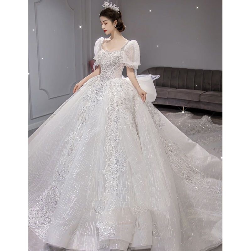 主大码婚纱礼服新娘2025新款大拖尾女小个子法式重工气质一字肩宫