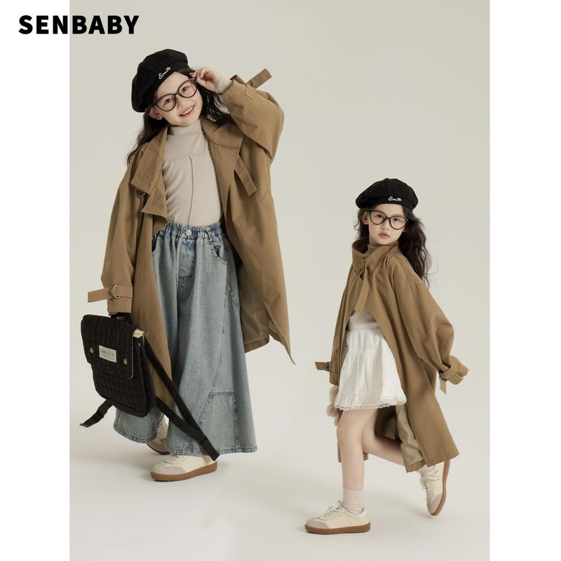 senbaby女童长款外套中大童秋装上衣韩版童装儿童英伦风卡其风衣|undefined